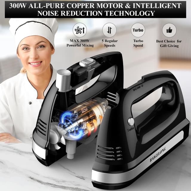 Detalle de BAIGELONG Hand Electric Mixer 300W with 5 speeds, turbo boost and 5 stainless steel attachments (black)