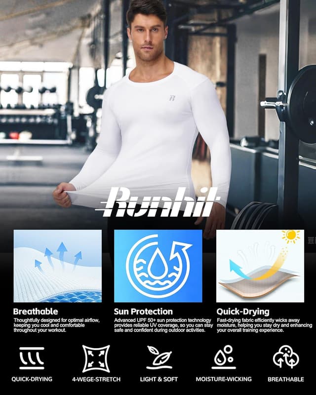 Detalle de Runhit Men’s Compression Base Layer Long Sleeve Top (UPF 50+ quick-dry)