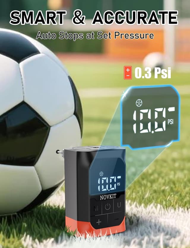 Detalle 2 de NOVKIT Electric Ball Pump (2–17 PSI) with Precise Gauge, Rechargeable 2600 mAh for Basketball, Soccer & Football