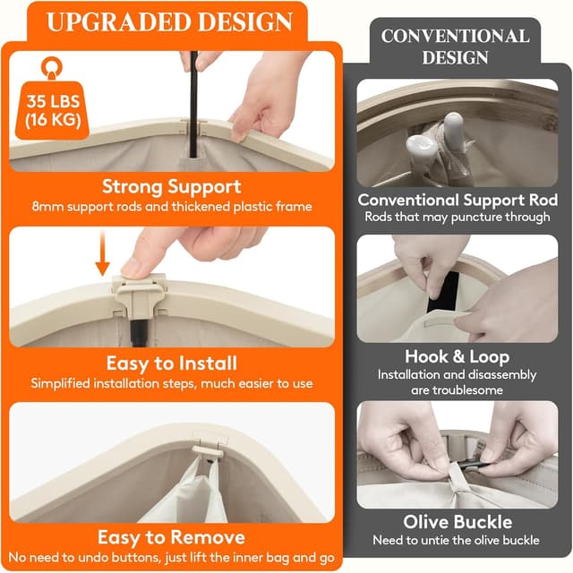 Detalle 2 de Lifewit 105L Large Laundry Basket with Lid (Removable Bag, Foldable, Handles) — Beige