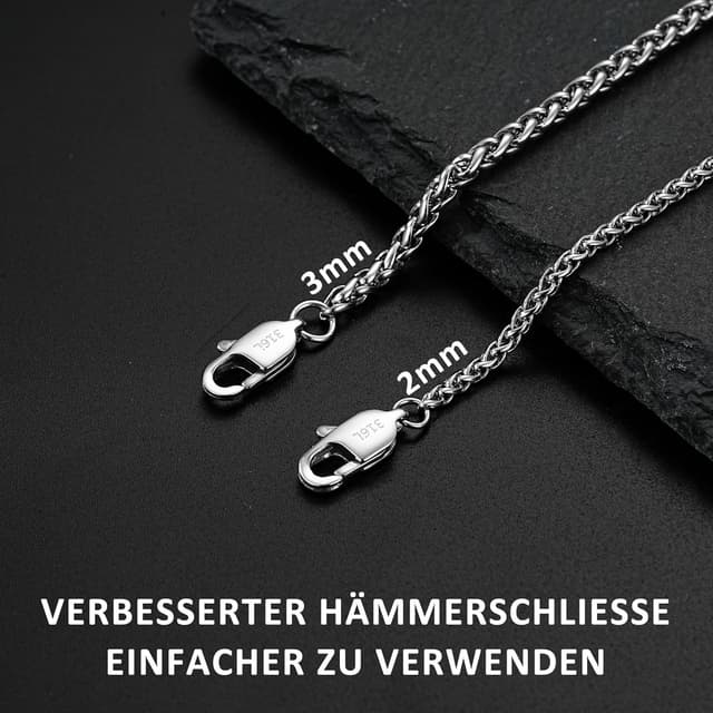 Detalle 2 de Esrael Weizen/Venetian Edelstahlkette (2/3 mm) in Silber für Herren & Jungen – Kettenlänge 18/20/22/24 Zoll