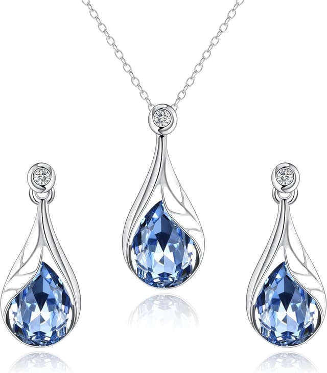 Detalle de Parure bijoux de mariage Clearine : collier goutte d’eau, boucles d’oreilles feuille, émail, cristal autrichien et strass