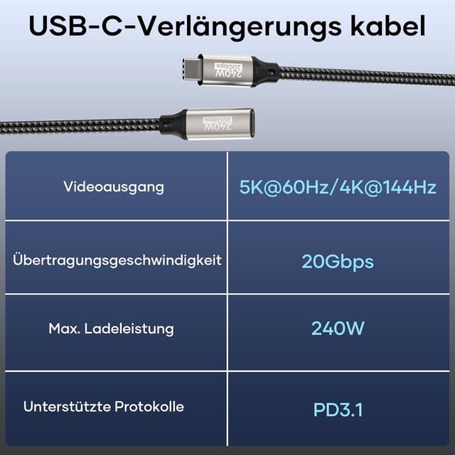 Detalle de USB-C-Verlängerungskabel 2 m (USB 3.2 Gen 2, 20 Gbit/s) mit bis zu 240 W Laden und Video bis 5K@60 Hz / 4K@144 Hz