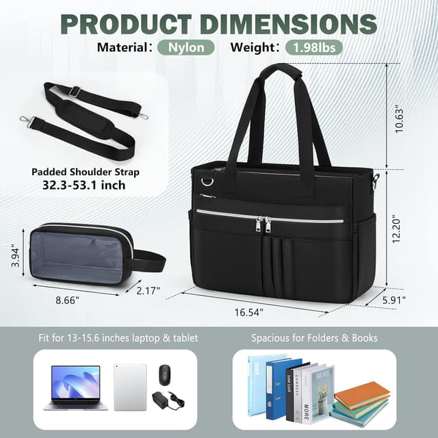 Detalle de RAINSMORE Lehrertasche Damen für 15,6-Zoll Laptops – wasserabweisende Nylon-Laptoptasche mit isolierten Fächern