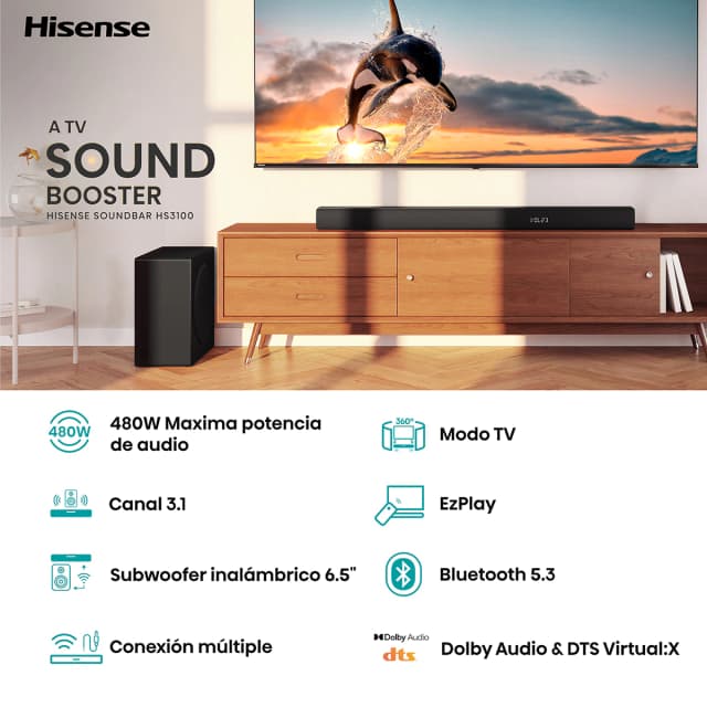 Detalle 2 de Hisense HS3100 barra de sonido 3.1, 480 W