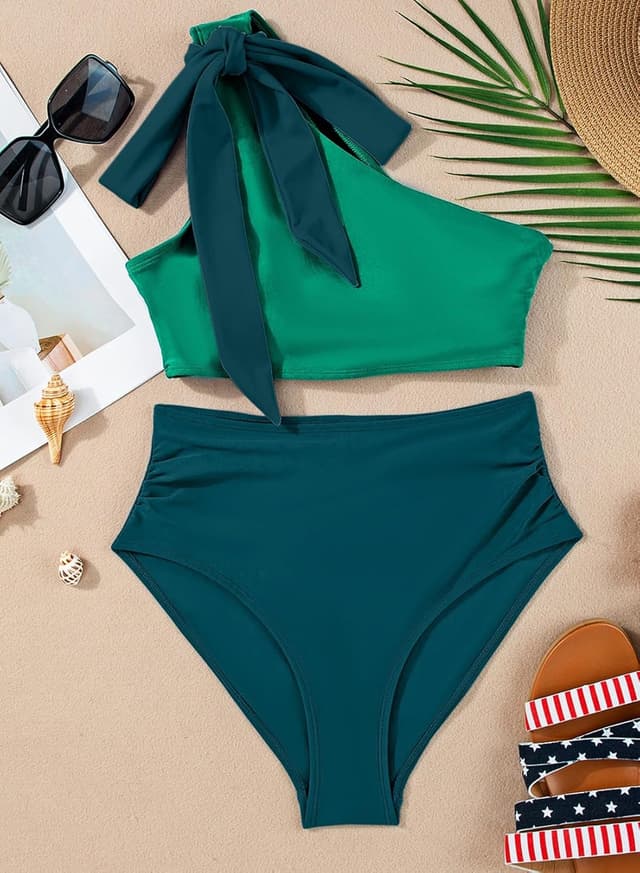 Detalle 2 de Herseas Women’s One-Bow One-Shoulder Ruched Bikini Set (2-Piece)