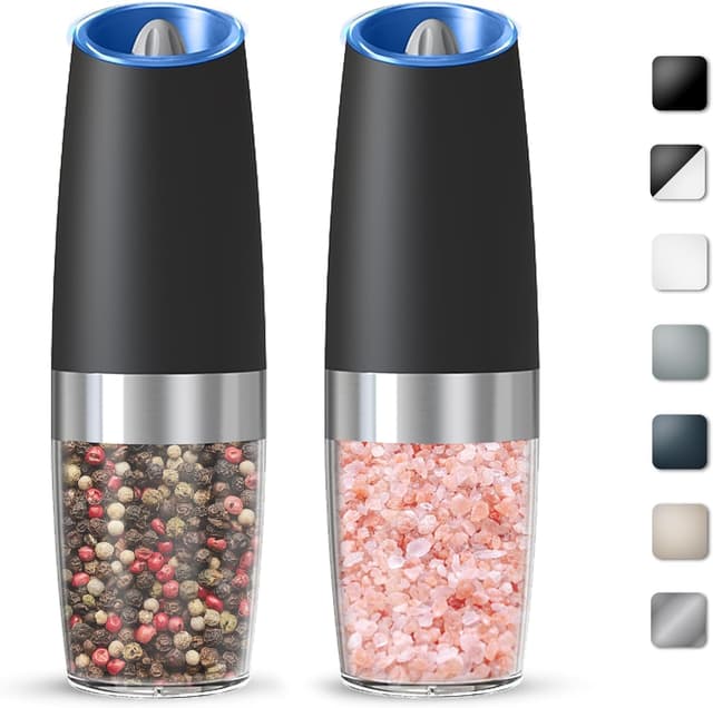 Detalle de KIARYUOLL Gravity Electric Salt and Pepper Grinder Set (2-Pack, Black) with LED Light