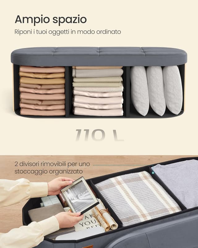 Thumbnail 5 de Songmics Cassapanca 110 L in velluto grigio