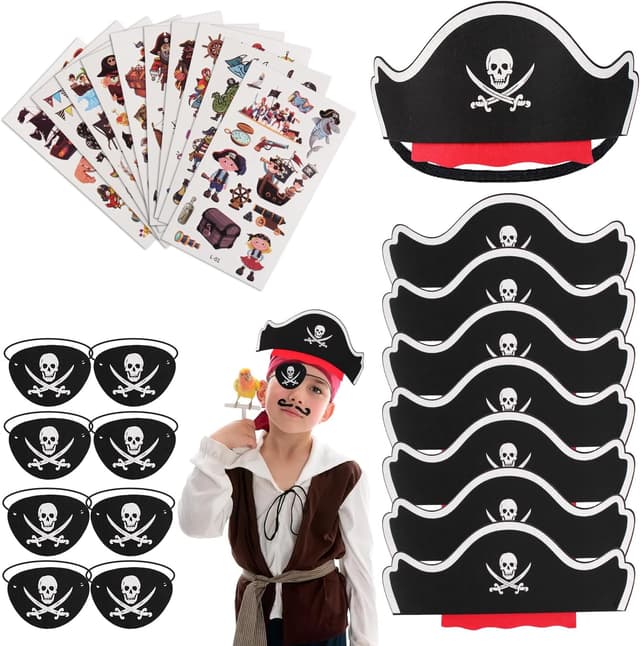 Detalle de Piraten Kindergeburtstag-Set mit Piratenhut, Augenklappe und Piraten-Tattoos (Filz) – 8-teilig