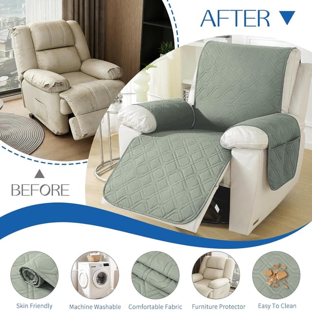 Detalle 2 de YSTELLAA Copripoltrona Relax Reclinabile Grande 1 posto impermeabile verde chiaro, con braccioli rimovibili