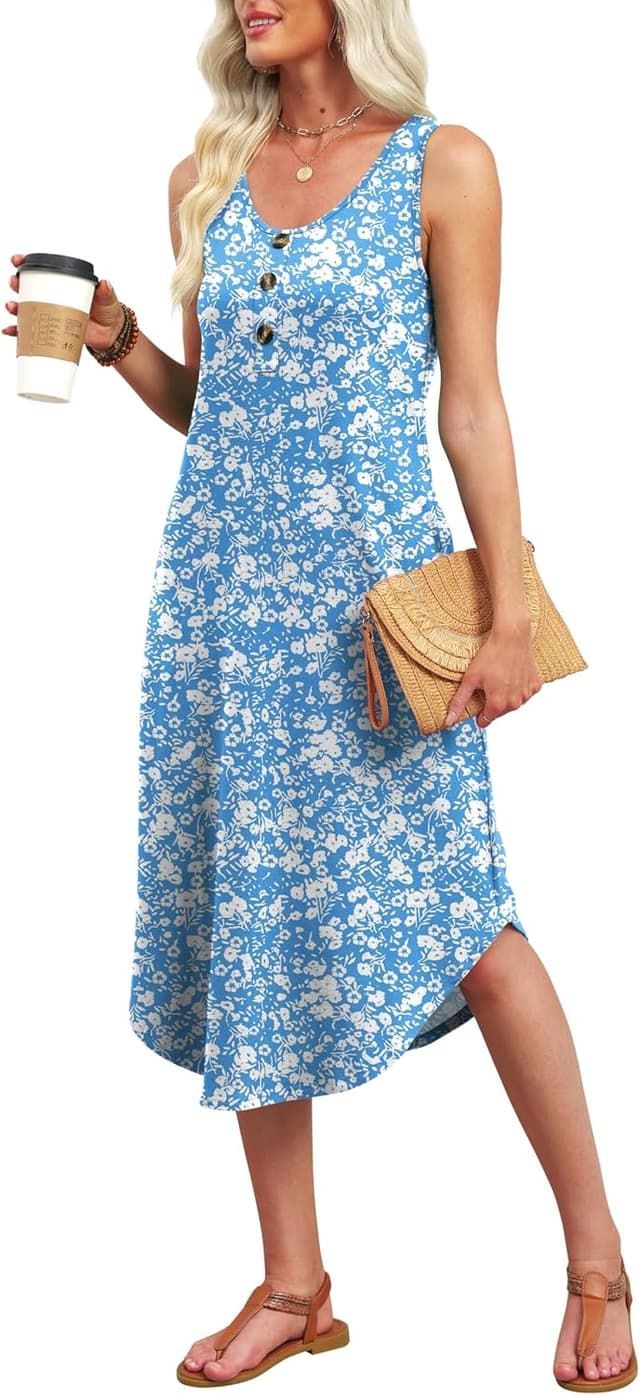 Detalle de WIHOLL Button-Front Sleeveless Midi Dress for Women (Summer 2026) with Pockets