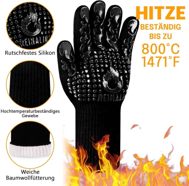 Detalle de Reinalin Grillhandschuhe hitzebeständig bis 800°C – Ofen-, Topf- und BBQ-Handschuhe (L/XL/XXL, Schwarz)