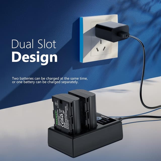 Detalle de NEEWER Ersatzakku- & Ladegerät-Set für LP-E6NH/LP-E6N (2x 2250 mAh) mit Dual-USB-Lader und USB-C-Kabel