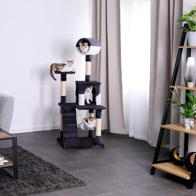 Detalle 2 de lionto Kratzbaum für Katzen mit Hängematte & Tunnel (133 cm) – Sisalseil, Höhle und Liegeflächen in grau/weiß