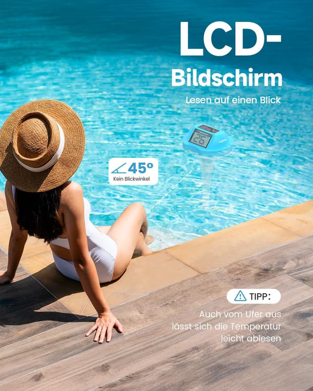 Detalle de PoolPrime Pool Thermometer mit Doppelbildschirm – schwimmendes IPX7 Poolthermometer (blau)