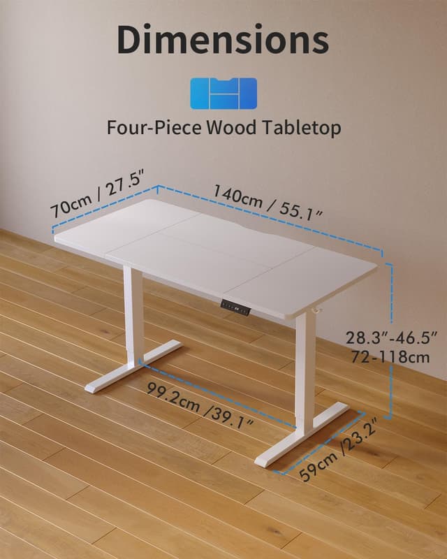 Detalle de FEZIBO höhenverstellbarer Schreibtisch elektrisch 140 x 70 cm (weiß) mit USB-A und USB-C Ladeanschlüssen