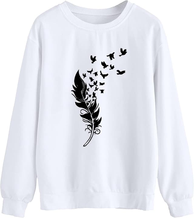 Detalle de Dresswel Damen Pullover mit Feder- & Vogel-Print, Rundhals-Sweatshirt Langarm