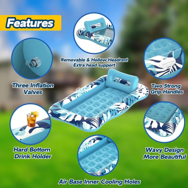 Detalle 1 de Pool Floats Adult XL Inflatable Tanning Pool Lounger Float (76" x 48") with Pillow, Cup Holder & Repair Patches