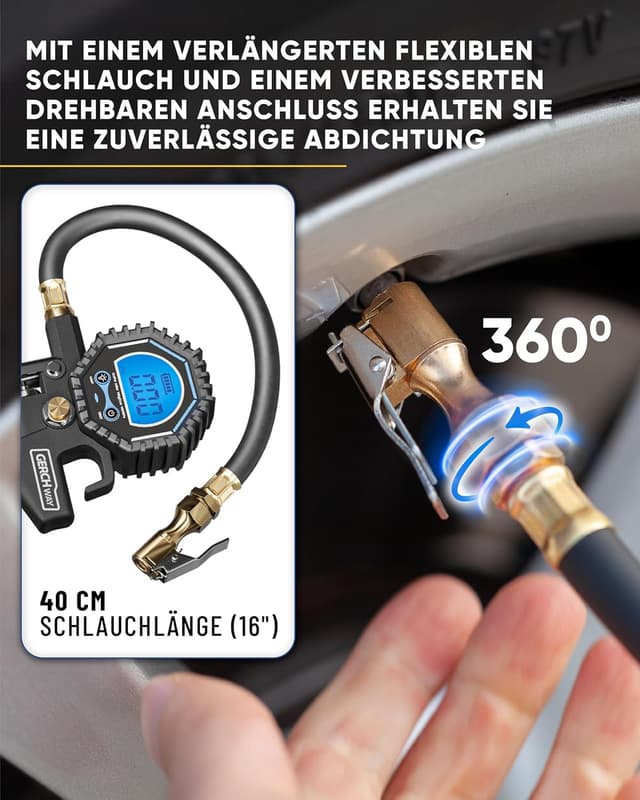 Detalle de GERCHWAY Digitaler Reifenfüller mit Manometer – digitaler Reifendruckprüfer 0–14 bar (±1% Messgenauigkeit)
