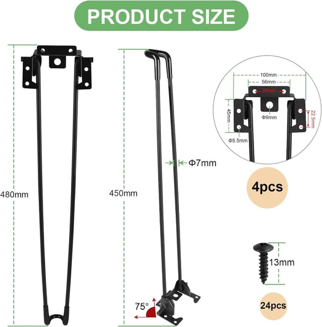 Detalle 2 de SUPAWAY 4er Set klappbare Haarnadel-Tischbeine, 45 cm, schwarz – ideal für Couchtisch & DIY-Möbel