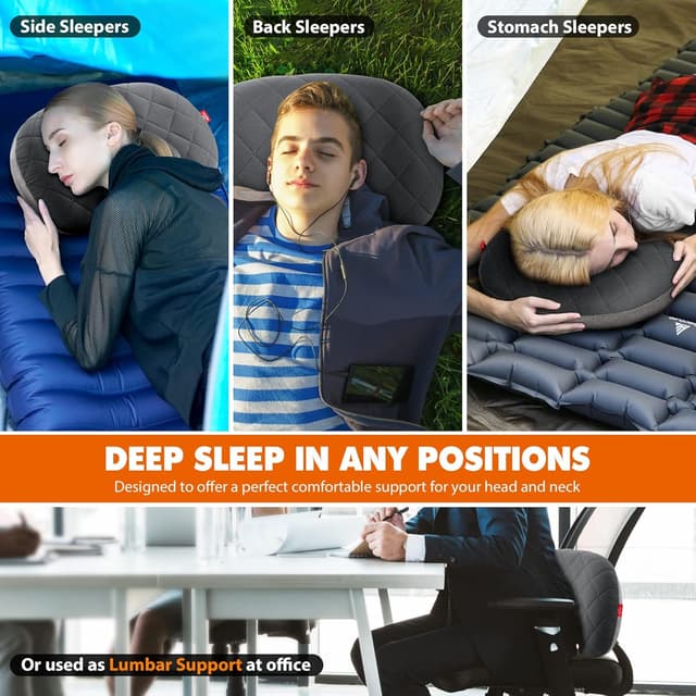 Detalle de HIKENTURE ultralight inflatable camping pillow for adults (grey) with removable cover