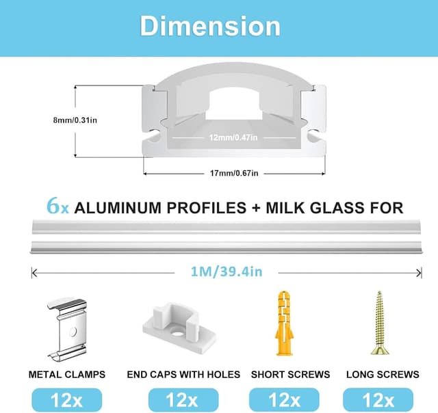 Detalle de VEANANO U-Shape Aluminium LED Profile Diffuser Kit (6-pack, 1m) with Milky Cover