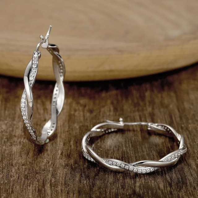 Detalle 2 de Ohrringe Silber 925 Creolen Damen Gedrehte Zirkonia Creolen