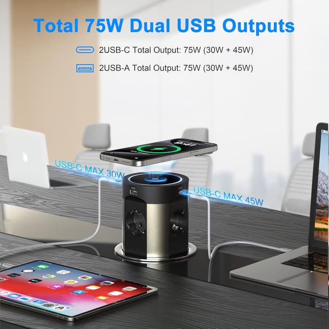 Detalle de Multiprise encastrable 9 en 1 avec 4 prises + 2 USB-C PD 75 W + charge sans fil 15 W (Ø100 mm, câble 1,8 m) – Noir
