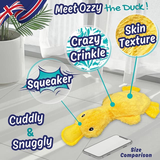 Detalle de Minimal Stuffing Ozzy the Duck squeaky & crinkle plush dog toy (gift box, yellow)