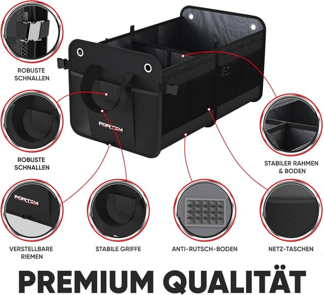 Detalle de FORTEM Kofferraum Organizer (Kofferraumtasche) mit klappbarem Deckel – zusammenklappbar, mit Fächern