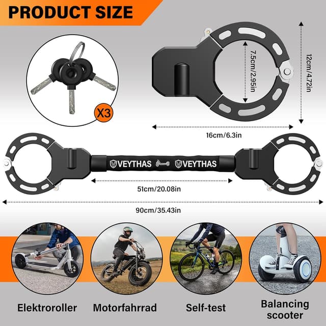 Detalle de E-Scooter Schloss mit Tasche – 8-mm Handschellenschloss (90/97 cm) für maximale Sicherheit