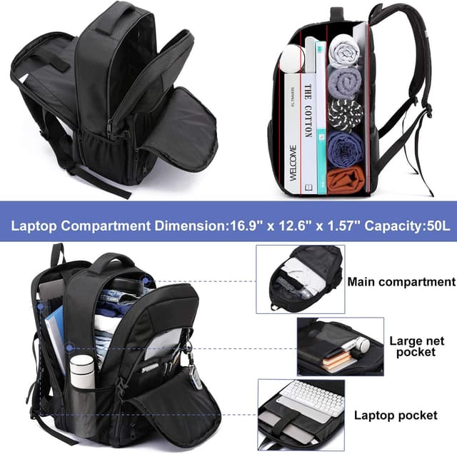 Detalle de Extra Large 50L Travel Laptop Backpack with USB Charging Port & Anti-Theft Pocket (Fits up to 17 Inch) - Red