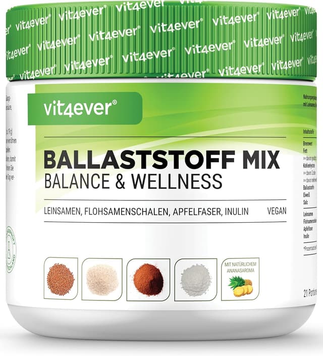 Detalle de vit4ever Ballaststoffe Kombi (400 g) – Ballaststoffpulver mit Flohsamenschalen, Inulin & natürlichem Ananasaroma
