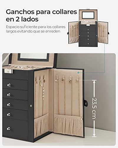 Detalle 2 de SONGMICS JBC152B01 caja joyero de 6 niveles con espejo y cerradura (negro)