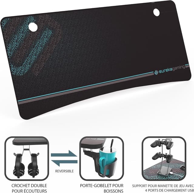Detalle de EUREKA ERGONOMIC Bureau Gaming 152 x 70 cm avec tapis de souris, porte-gobelet, crochet casque et support manette