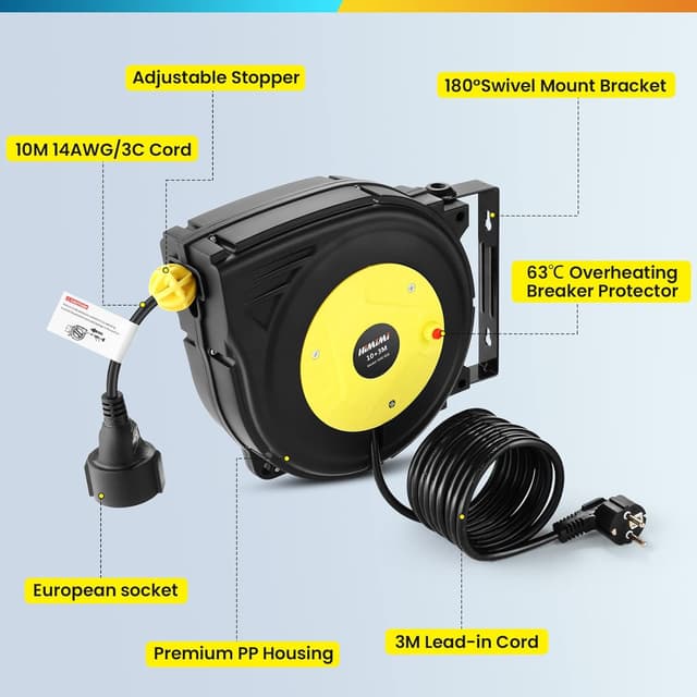 Detalle de Himimi automatische Kabeltrommel 13 m (10 m + 3 m), 1250 W–2000 W – Wand- und Deckenmontage, 180° drehbar