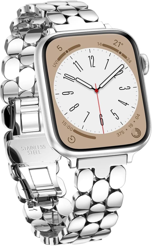 Detalle de V.R.HOPE Slim Stainless Steel Strap for Apple Watch (38–49mm) — adjustable metal band in polished stainless steel