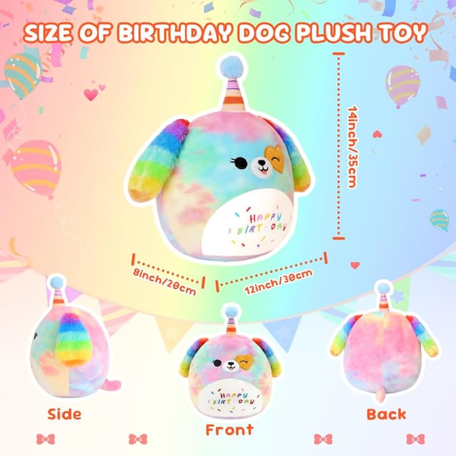 Detalle de SQEQE Happy Birthday rainbow dog plush toy, 35cm cuddly soft toy pillow
