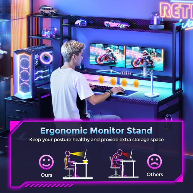 Thumbnail 6 de Coleshome Gaming Desk with Drawers & Display Shelves (138×48 cm) with LED Lights & Sockets – Carbon Fibre Black