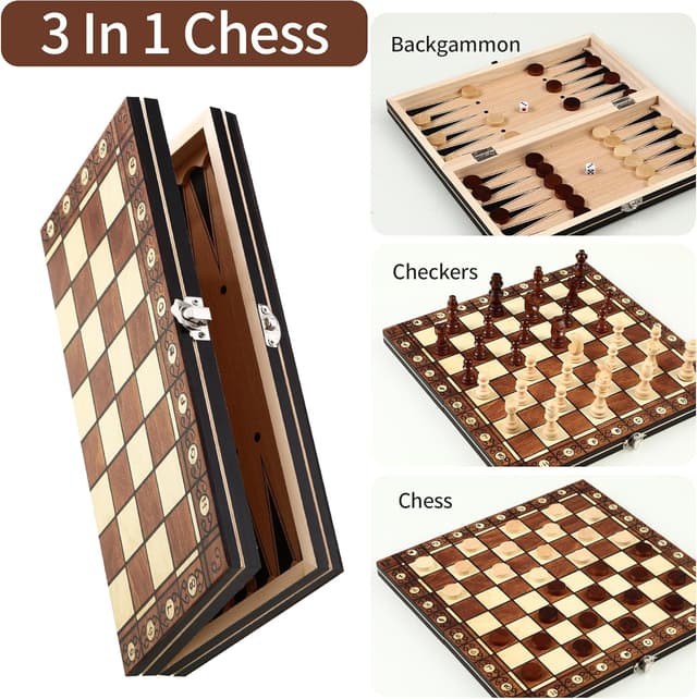 Detalle de Scacchiera magnetica pieghevole in legno 3 in 1 (29x29 cm) per scacchi, dama e backgammon