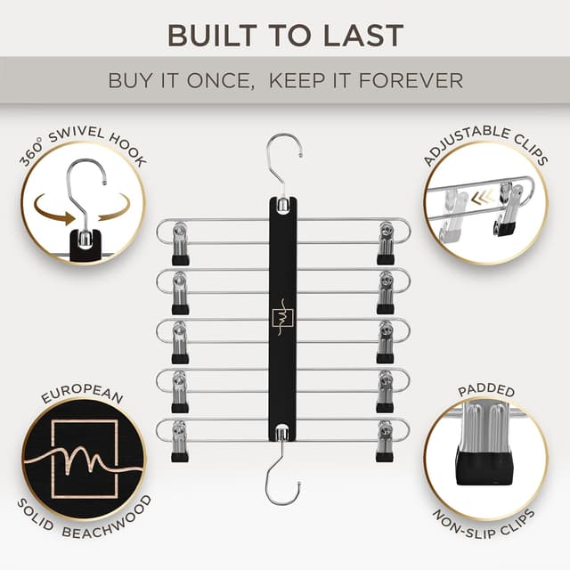 Detalle de MORALVE Skirt Hangers with Clips (European Beechwood) – Space-Saving 5-Tier Hanger, 2 Pack with 360° Swivel Hook