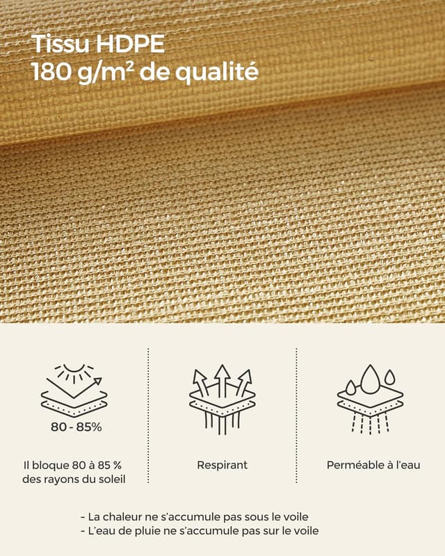Detalle de SONGMICS Voile d’Ombrage 5 x 5 m GSS55EYV1 en HDPE, respirant et perméable à l’eau