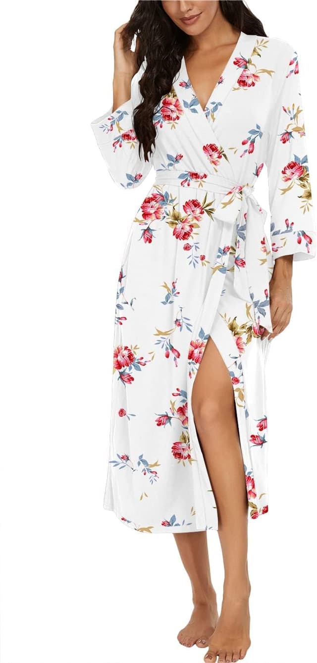 Detalle de PrinStory Women Long/Short Knit Kimono Bathrobe Dressing Gown with Pockets and Adjustable Sash