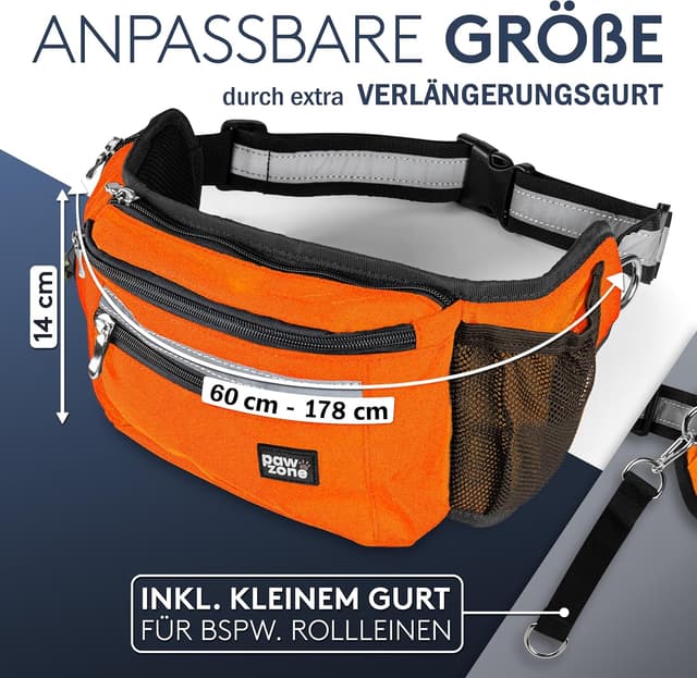 Detalle de PAWZONE Leckerlibeutel für Hunde mit Bauchtasche, reflektierendes Band & Zusatzgurt (Neon Orange)