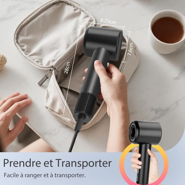 Detalle de Aigostar Sèche-cheveux ionique de voyage avec diffuseur magnétique — 400 millions d’ions négatifs, moteur BLDC 110 000 tr/min, 57 dB (390 g) Noir