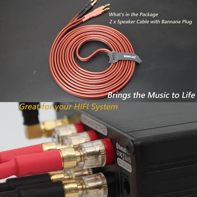 Detalle de WOWLED 2 Pack Pure Copper OFC HiFi Speaker Wire (14 AWG) with Gold-Plated Banana Plugs, 2m