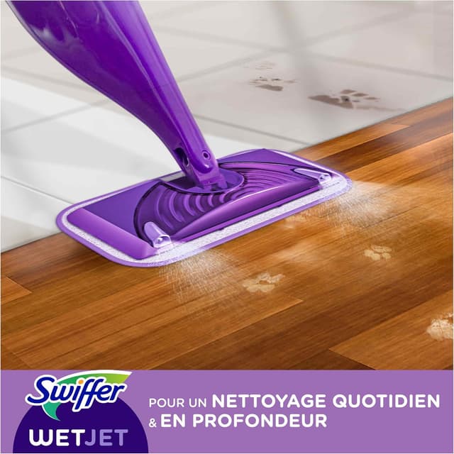 Detalle 2 de Swiffer WetJet – kit de démarrage pour sols (balai, lingette microfibre lavable, lingettes jetables, solution nettoyante)