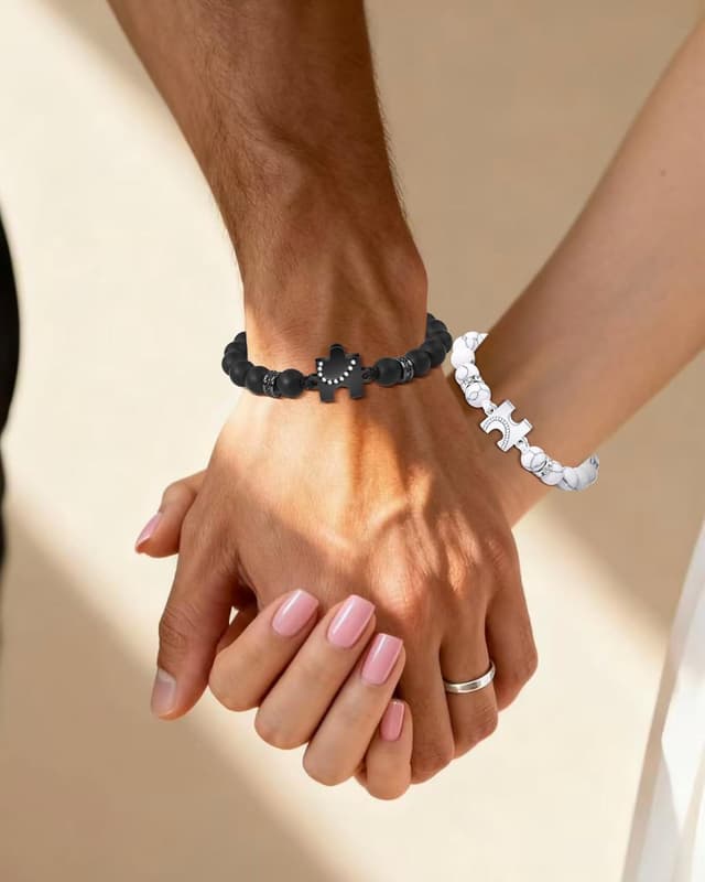 Detalle de Bracelet couple Seyaa « Amoureux pour 2 » en pierres de 8 mm et acier inoxydable