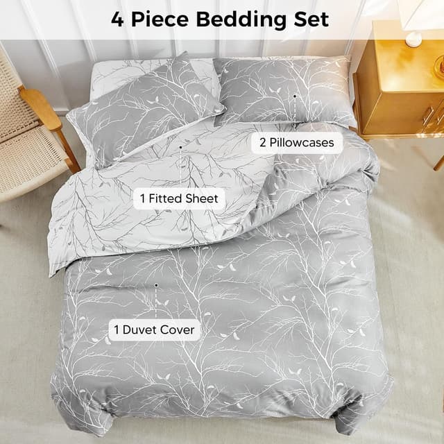 Detalle de Tokokimo 4PCS King Size Duvet Cover Set with Fitted Sheet and Pillowcases (Botanical Branches, Grey) – Microfibre bedding