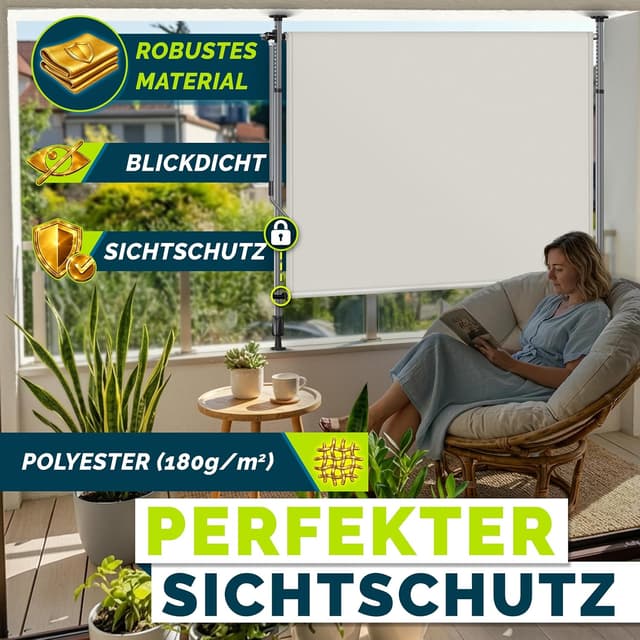 Detalle de tillvex® Klemmmarkise Senkrechtmarkise mit Handkurbel – Sichtschutz ohne Bohren (Beige, 120x310 cm)